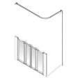 Technical line drawing of a shower screen and curtain rod set with a curved overhead rod, shown on a plain white background