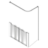 Technical line drawing of a shower screen and curtain rod set with a curved overhead rod, shown on a plain white background