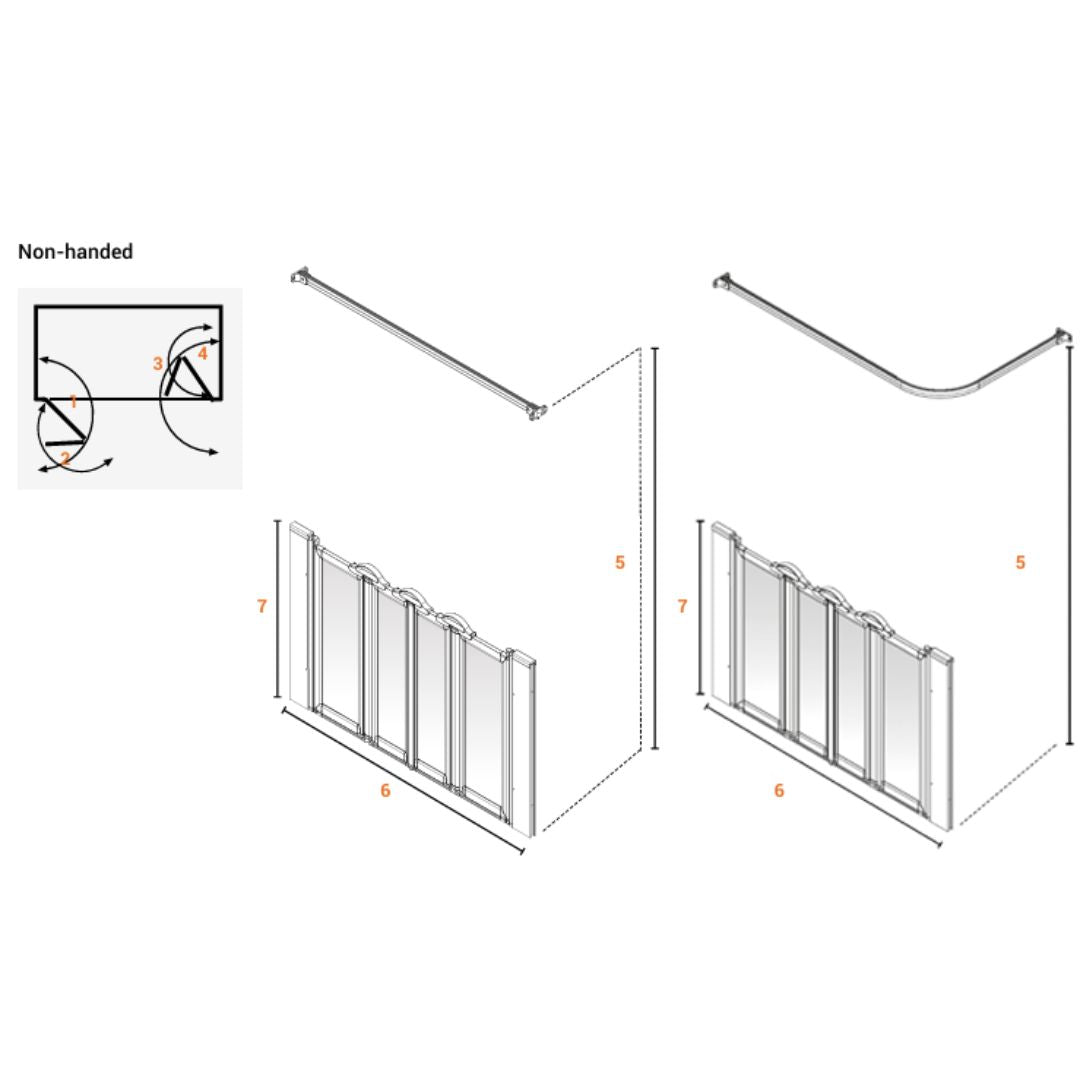Technical dimension diagram of a shower screen showing two assembly variants with measurements, a non-handed inset diagram, and a clean white background.
