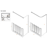 Technical dimension diagram of a shower screen showing two assembly variants with measurements, a non-handed inset diagram, and a clean white background.
