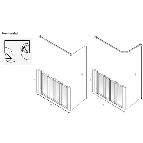 Technical dimension diagram of a shower screen showing two assembly variants with measurements, a non-handed inset diagram, and a clean white background.