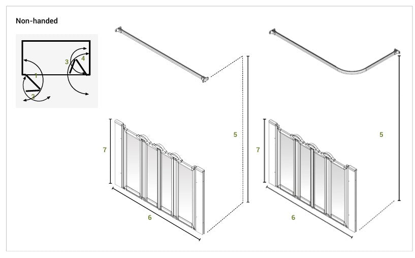 Technical drawing of a shower screen with dimensions labelled on a white background