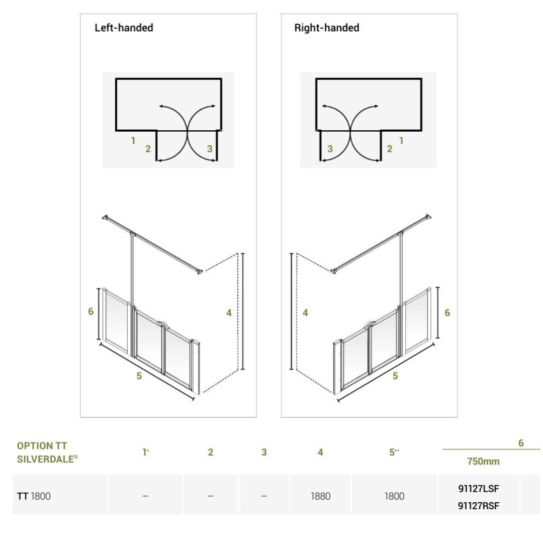 Technical installation diagram for a silverdale shower screen option, showing left-handed and right-handed configurations with labeled dimensions and a specification table below.