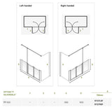 Technical installation diagram for a silverdale shower screen option, showing left-handed and right-handed configurations with labeled dimensions and a specification table below.