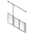 A silver metal sliding shower screen door system with three panels and an overhead mounting bar, shown on a plain white background.