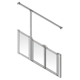 A silver metal sliding shower screen door system with three panels and an overhead mounting bar, shown on a plain white background.