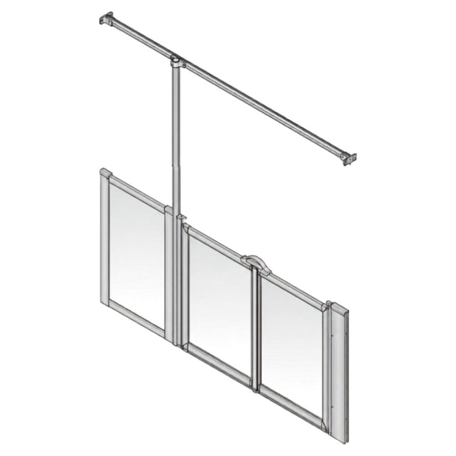 A silver metal sliding shower screen door system with three panels and an overhead mounting bar, shown on a plain white background.