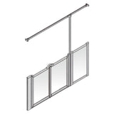 A glass shower screen set in a silver aluminum frame, shown with an overhead mounting rail and support pole on a plain white background.