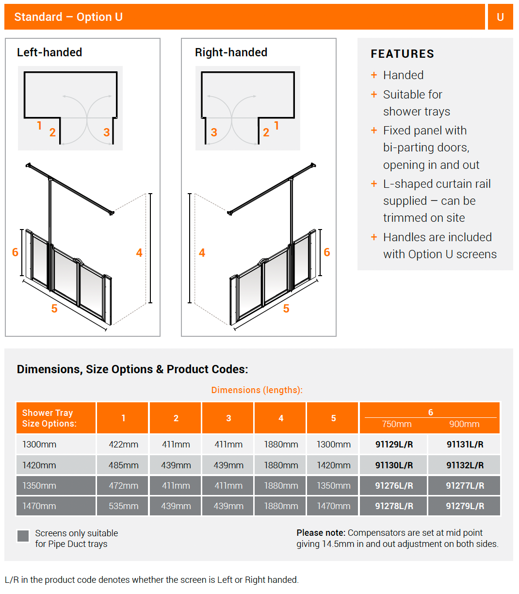 AKW Option U Half Height Shower Screens 750mm Care Screens