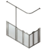 A modular shower screen with a brushed silver metal frame and frosted glass panels, shown on a plain white background.