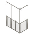 A modular aluminum shower screen with clear acrylic panels and a Y-shaped overhead curtain rail, shown on a solid white background.