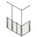 A modular aluminum shower screen with clear acrylic panels and a Y-shaped overhead curtain rail, shown on a solid white background.