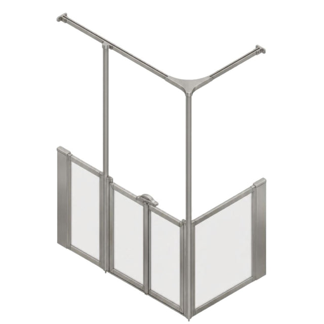 A modular aluminum shower screen with clear acrylic panels and a Y-shaped overhead curtain rail, shown on a solid white background.