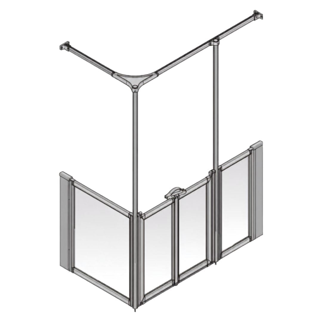 A 3D isometric line drawing of a modular glass shower screen with a frame, showing the door panels and overhead curtain rail on a plain white background.