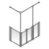 A 3D isometric line drawing of a modular glass shower screen with a frame, showing the door panels and overhead curtain rail on a plain white background.