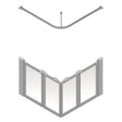 A silver corner shower screen shown in a clean technical-style rendering on a white background. The top view shows the curved support arm and central pole, while the lower view shows the assembled folding screen with multiple rectangular panels connected by hinges.