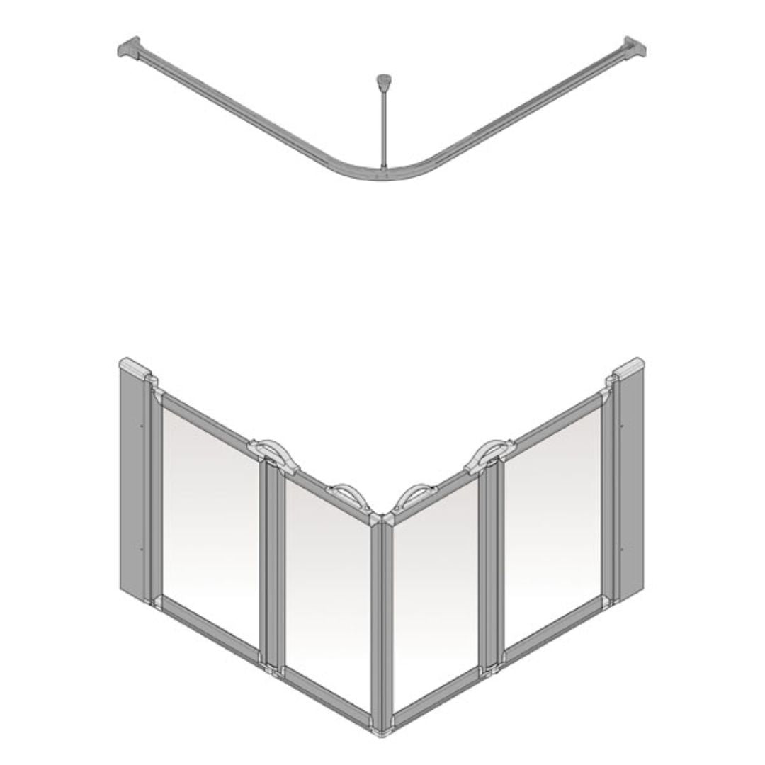 A silver corner shower screen shown in a clean technical-style rendering on a white background. The top view shows the curved support arm and central pole, while the lower view shows the assembled folding screen with multiple rectangular panels connected by hinges.