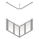 A silver corner shower screen shown in a clean technical-style rendering on a white background. The top view shows the curved support arm and central pole, while the lower view shows the assembled folding screen with multiple rectangular panels connected by hinges.