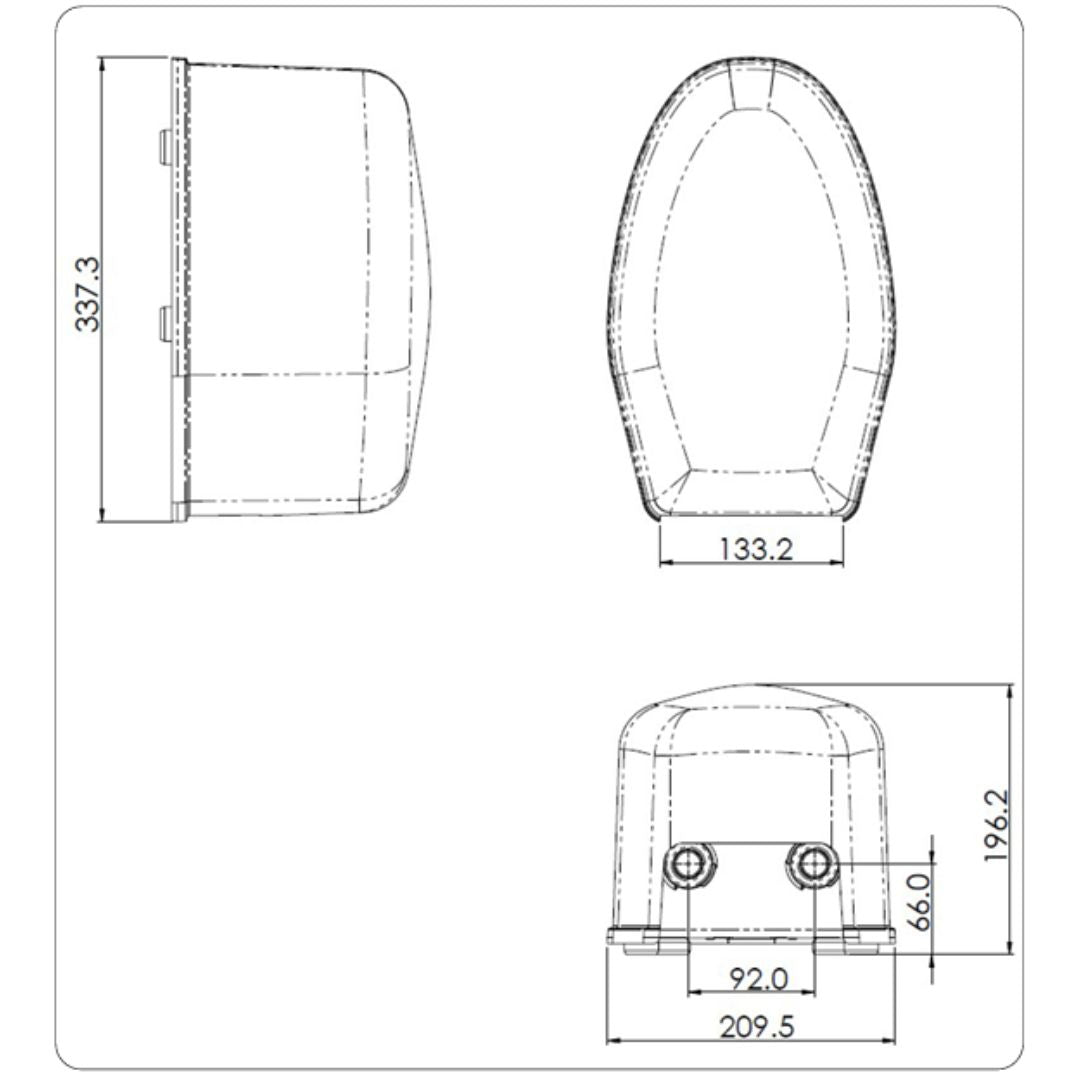 Technical line drawing showing three orthographic views of a shower waste pump with dimension labels: side view 337.3, top view 133.