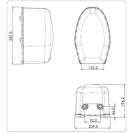 Technical line drawing showing three orthographic views of a shower waste pump with dimension labels: side view 337.3, top view 133.