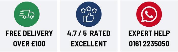 Three icons representing free delivery, customer rating, and expert help with contact information on a white background.