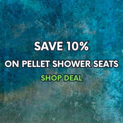 Promotional graphic with a distressed blue and teal textured background and centered text reading 'SAVE 10% ON PELLET SHOWER SEATS' and 'SHOP DEAL' in white and green.