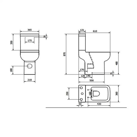 Technical drawing of toilet with dimensions