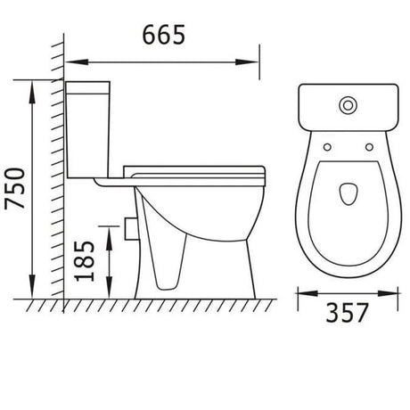 Technical drawing of a toilet with dimensions labeled