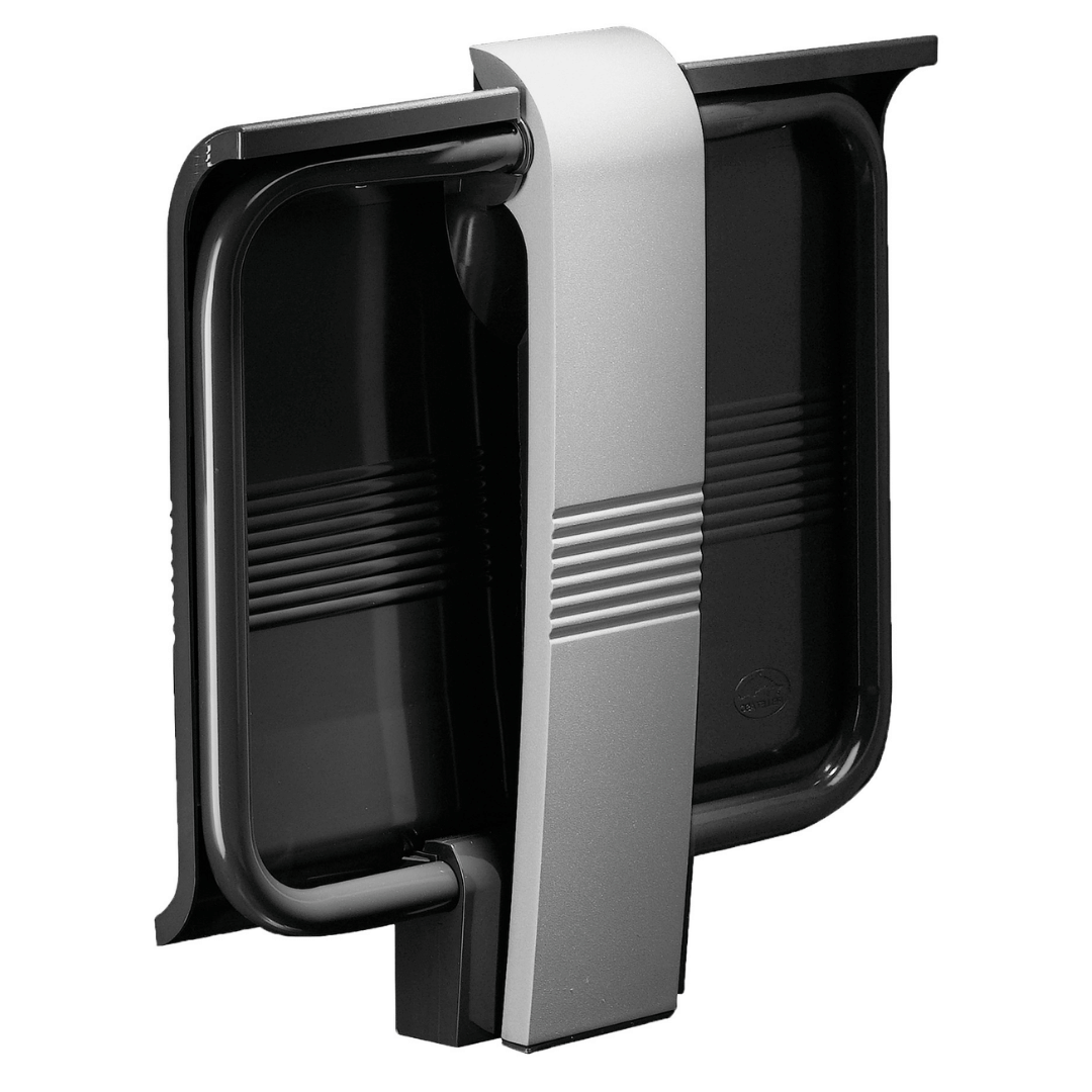 Black and gray plastic component on a white background