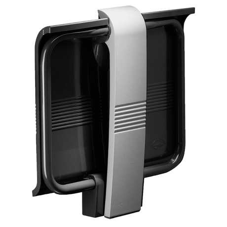 Black and gray plastic component on a white background