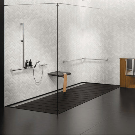 Black shower seat with wooden leg in modern bathroom setting