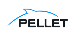 Logo of the brand 'Pellet' with a blue arrow-like design on a white background