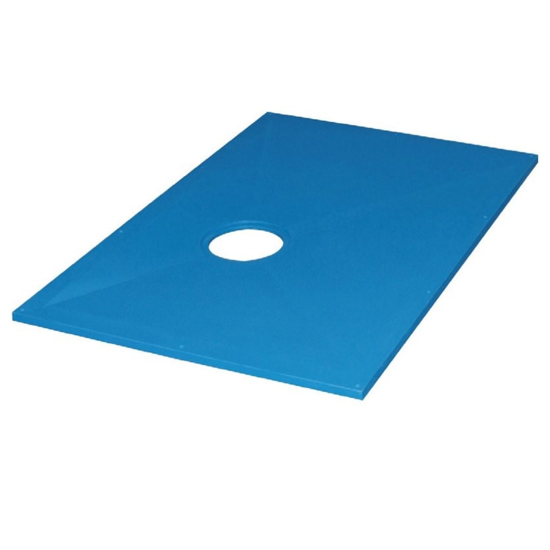 A blue rectangular shower former with a circular hole near the center, shown on a plain white background.