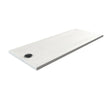 White rectangular shower tray with a black drain cover on a white background