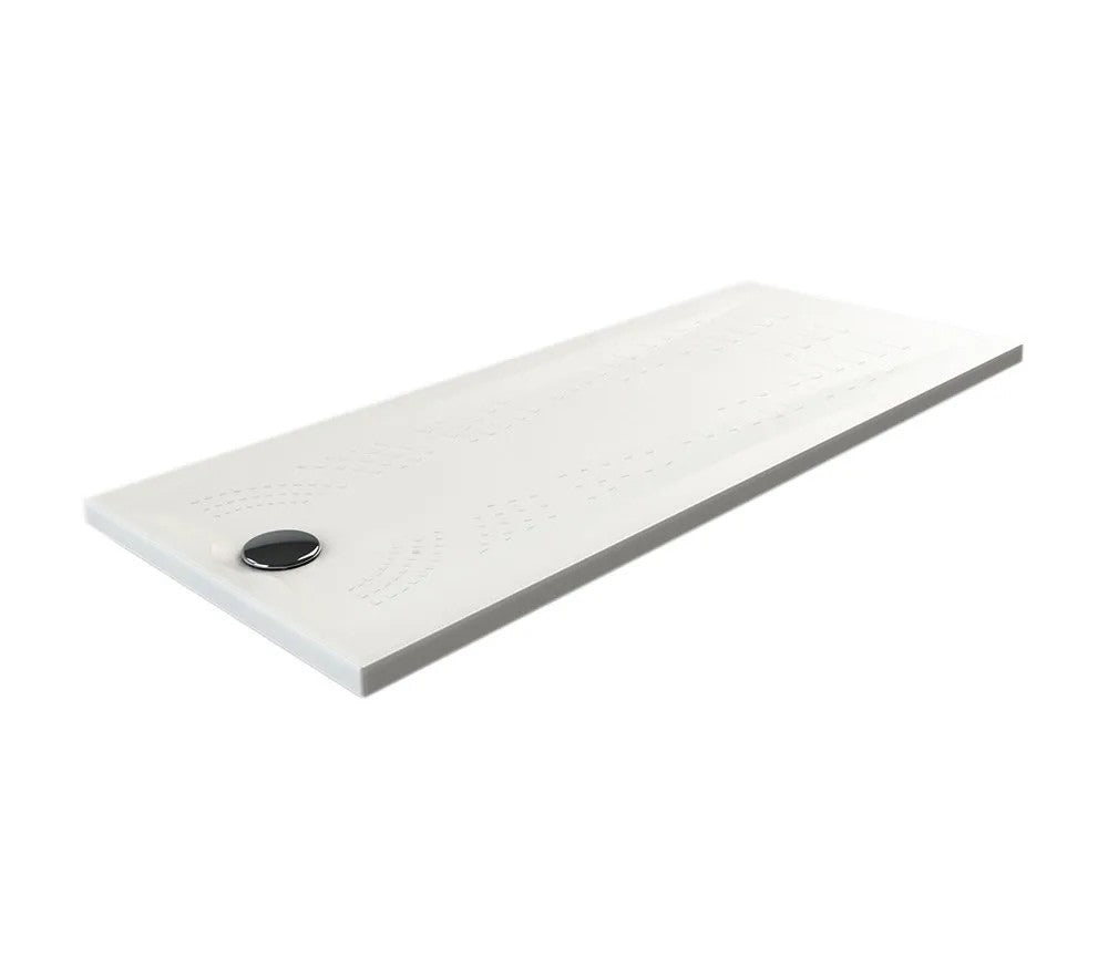 White rectangular shower tray with a black drain cover on a white background