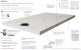 Technical diagram of a drain tray with features and specifications.