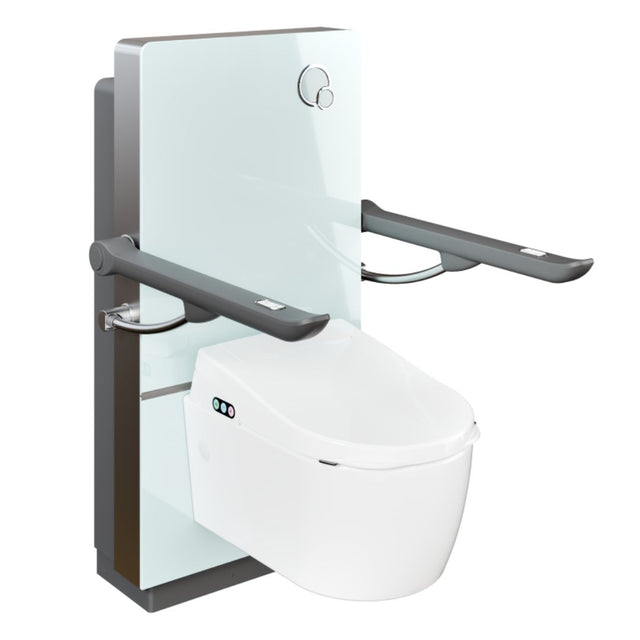 A wall-mounted rise and fall bidet toilet with a white ceramic bowl, gray armrests, and a dark gray frame, shown against a plain white background.
