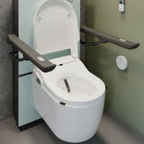 A white bidet toilet with an open seat and raised lid, fitted with dark gray grab handles mounted on both sides, shown in a bathroom setting with a pale green wall and gray floor.
