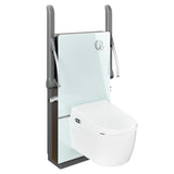 A wall-mounted rise and fall bidet toilet with a white ceramic bowl and lid, supported by a dark gray metal frame with safety grab handles and a frosted glass panel, shown on a plain white background.