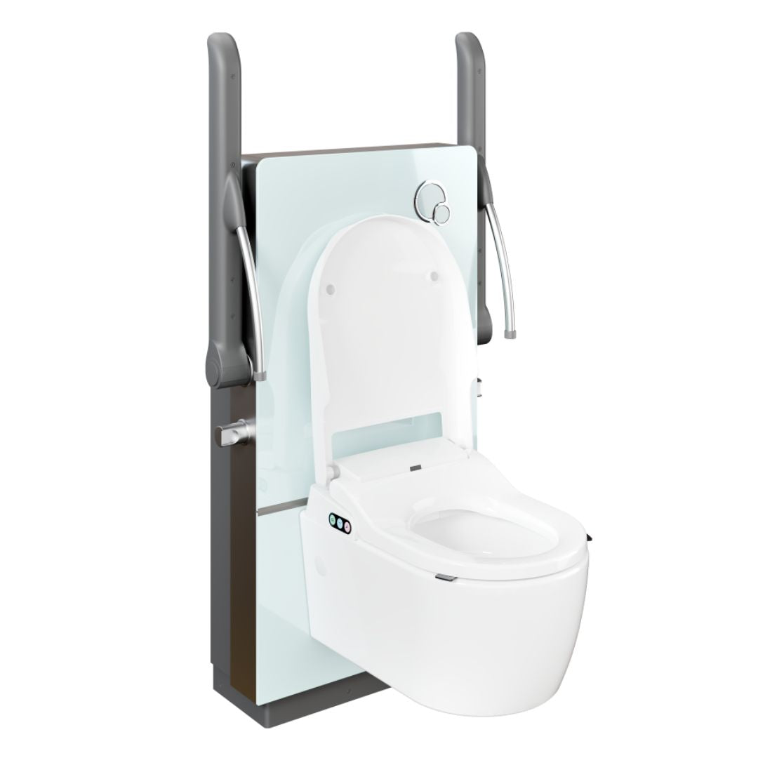 A white wall-mounted rise and fall bidet toilet with an open seat and lid, shown with gray side supports and a frosted back panel on a plain white background.