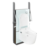 A white wall-mounted rise and fall bidet toilet with an open seat and lid, shown with gray side supports and a frosted back panel on a plain white background.