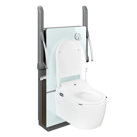 A white wall-mounted rise and fall bidet toilet with an open seat and lid, shown with gray side supports and a frosted back panel on a plain white background.