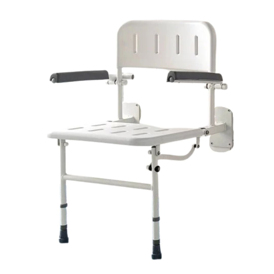 White adjustable shower chair with armrests, perforated seat and backrest, wall-mounted bracket, and black rubber feet on a white background.