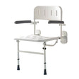 White adjustable shower chair with armrests, perforated seat and backrest, wall-mounted bracket, and black rubber feet on a white background.
