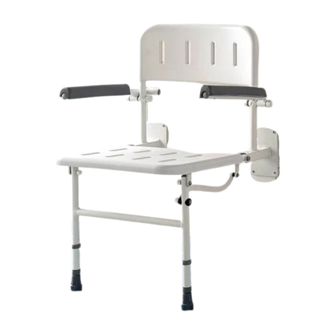 White adjustable shower chair with armrests, perforated seat and backrest, wall-mounted bracket, and black rubber feet on a white background.