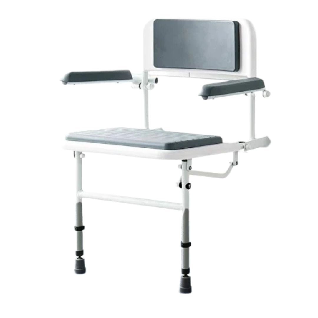 A white and gray adjustable shower chair with armrests, a padded seat, and a backrest cushion, shown on a plain white background.