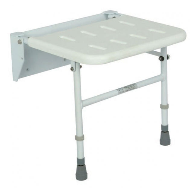Foldable shower seat with white seat and gray legs on a white background