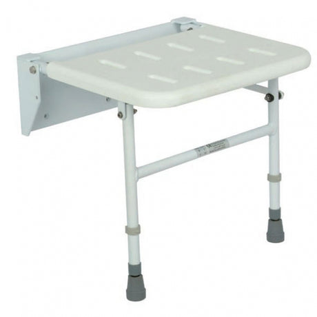 Foldable shower seat with white seat and gray legs on a white background