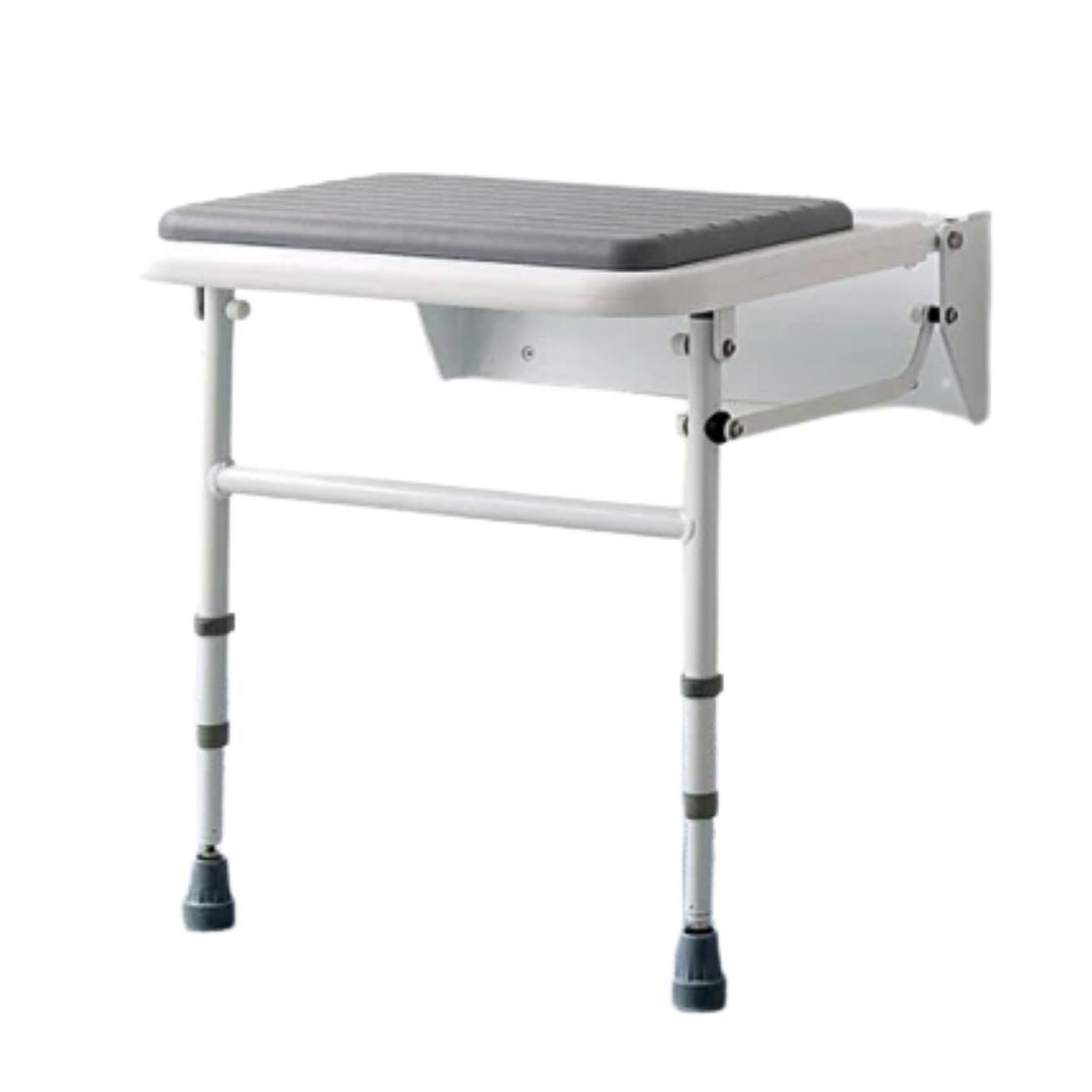 A wall-mounted shower bench with a gray padded seat and a white metal frame with adjustable legs, shown against a plain white background.