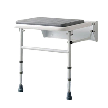 A wall-mounted shower bench with a gray padded seat and a white metal frame with adjustable legs, shown against a plain white background.